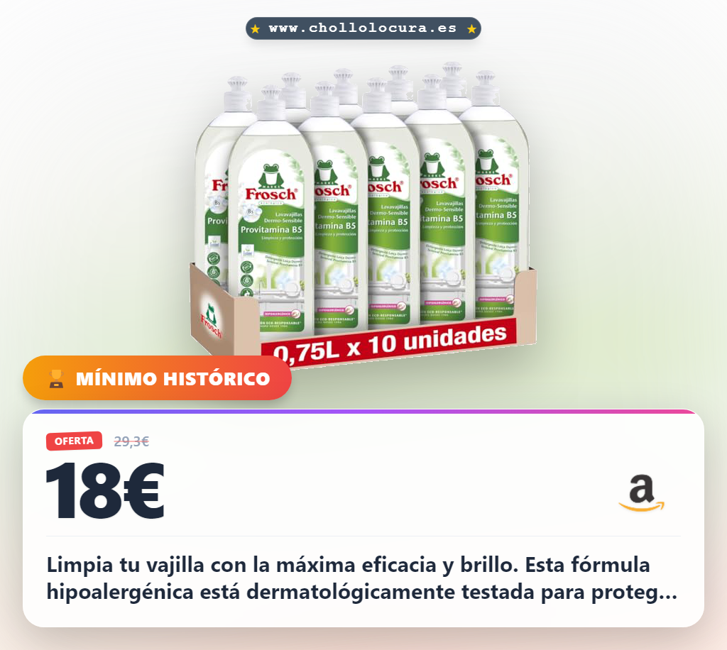 Consigue el lavavajillas Frosch hipoalergénico y ecológico. Limpieza potente libre de colorantes para pieles sensibles. Pack de 10.