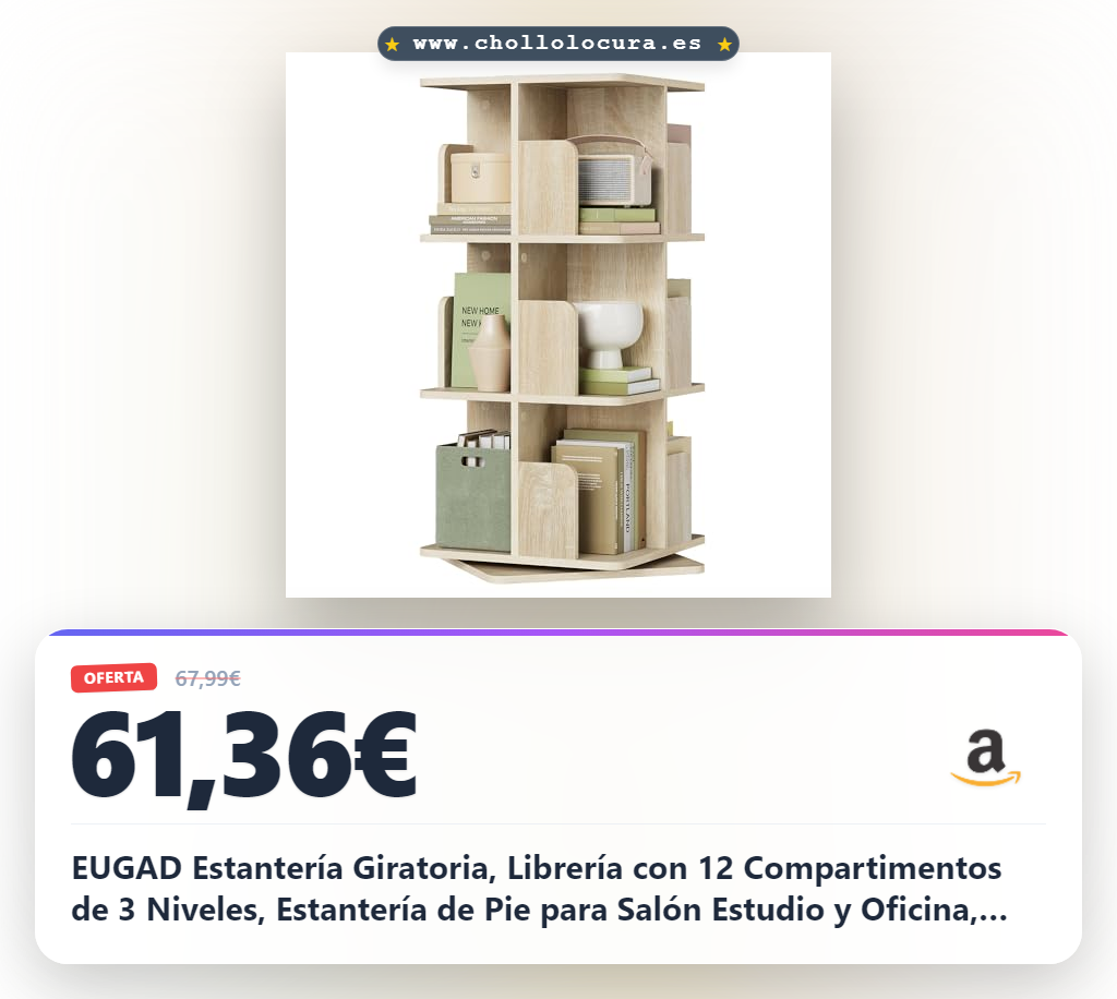 EUGAD Estantería Giratoria, Librería con 12 Compartimentos de 3 Niveles, Estantería de Pie para Salón Estudio y Oficina, 40x40x94,5 cm, Roble Claro