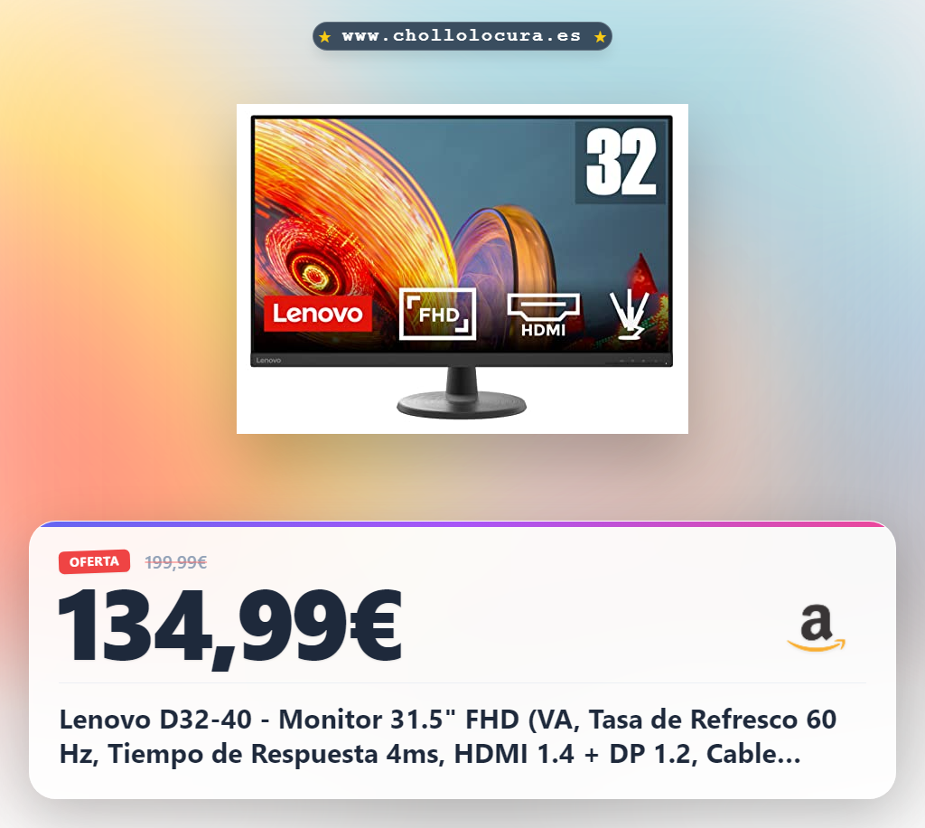 Lenovo D32-40 - Monitor 31.5" FHD (VA, Tasa de Refresco 60 Hz, Tiempo de Respuesta 4ms, HDMI 1.4 + DP 1.2, Cable HDMI, Montaje VESA de 100 mm) Ajuste de inclinación - Negro
