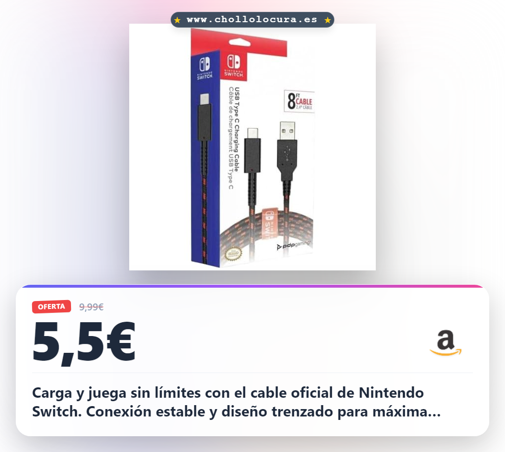 Consigue el cable USB tipo C oficial Nintendo Switch de 2,4 m con carga estable y licencia oficial en oferta