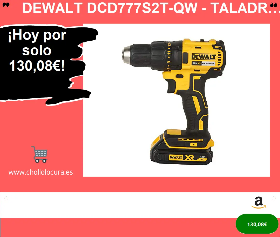 DEWALT DCD777S2T-QW - Taladro Atornillador sin escobillas XR 18V, 13mm, 65Nm con 2 baterías Li-Ion 1.5Ah y maletín TSTAK