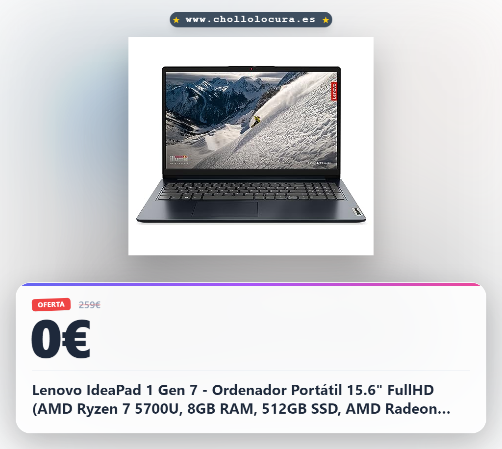 Lenovo IdeaPad 1 Gen 7 - Ordenador Portátil 15.6" FullHD (AMD Ryzen 7 5700U, 8GB RAM, 512GB SSD, AMD Radeon Graphics, Sin Sistema Operativo) Azul - Teclado QWERTY Español