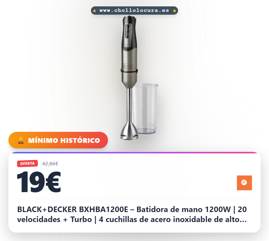 BLACK+DECKER BXHBA1200E – Batidora de mano 1200W | 20 velocidades + Turbo | 4 cuchillas de acero inoxidable de alto rendimiento | Pie y accesorios lavables | Diseño ergonómico y antisalpicaduras