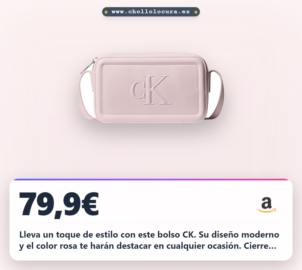 Lleva un toque de estilo con este bolso CK. Su diseño moderno y el color rosa te harán destacar en cualquier ocasión. Cierre seguro y espacio perfecto para llevar lo esencial de forma práctica. Es el accesorio ideal para tu día a día.