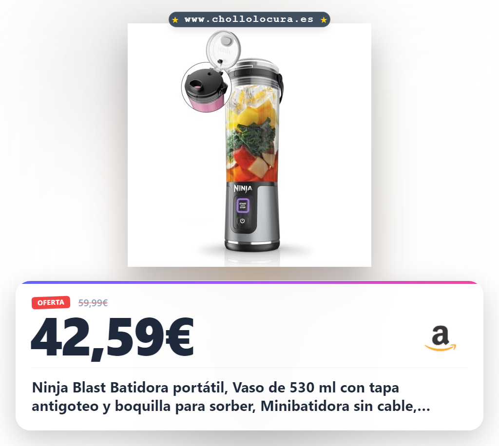 Ninja Blast Batidora portátil, Vaso de 530 ml con tapa antigoteo y boquilla para sorber, Minibatidora sin cable, recargable, smoothies, batidos de proteínas, pica hielo y frutas congeladas, BC151EUBK