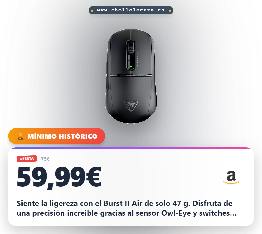 Aprovecha el ratón Turtle Beach Burst II Air inalámbrico de 47g, simétrico y con sensor óptico 26000 PPP. Conectividad 2.4 GHz y Bluetooth.