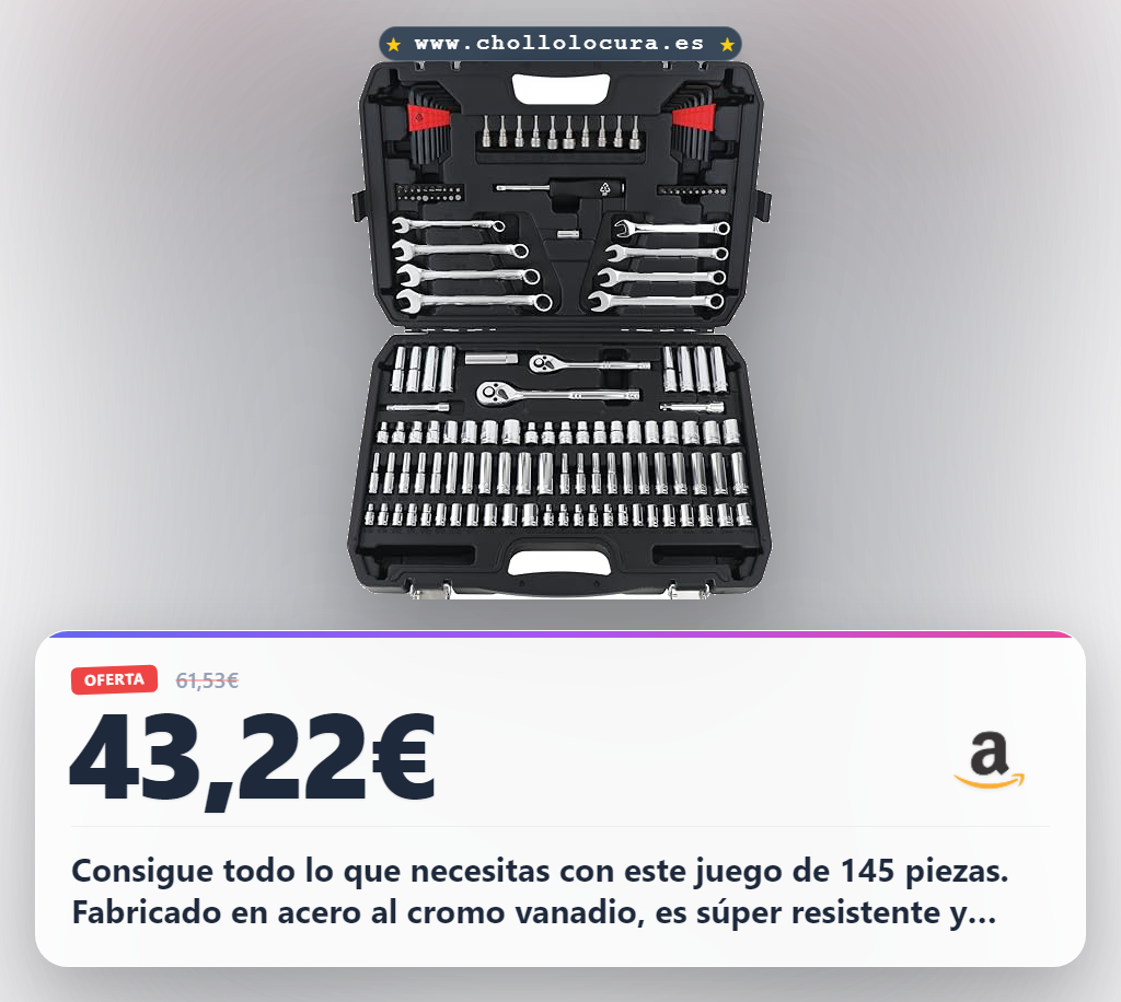Encuentra el juego de llaves de mecánica de 145 piezas con acabado cromado a precio de chollo al mejor valor del mercado.