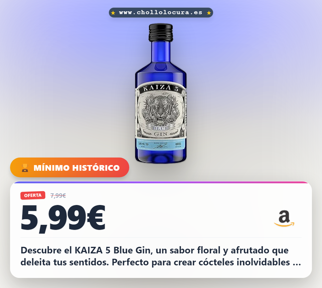 Descubre el KAIZA 5 Blue Gin, un sabor floral y afrutado que deleita tus sentidos. Perfecto para crear cócteles inolvidables o disfrutar de un Gin Tonic refrescante. Una experiencia premium con botánicos exóticos, ideal para ti.