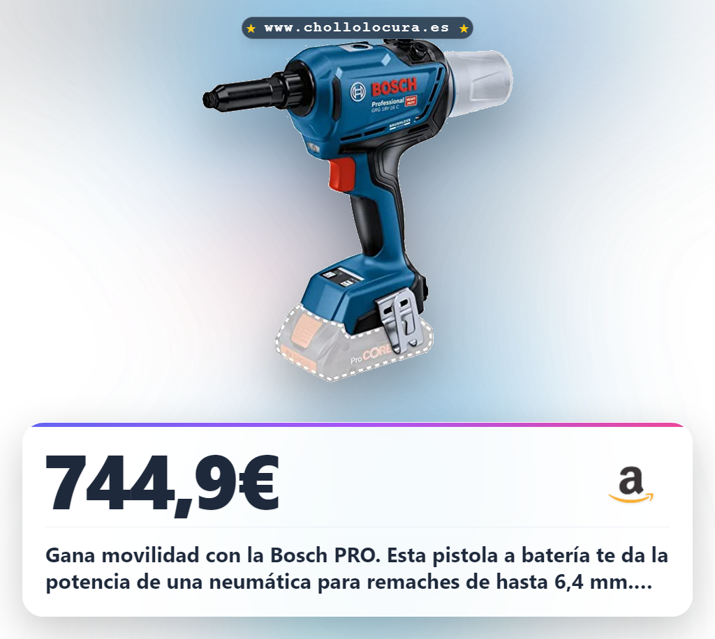 Compra la Pistola Remachadora Bosch PRO GRG 18V-16 C en oferta histórica. Potencia 18V y remaches de hasta 6,4mm.