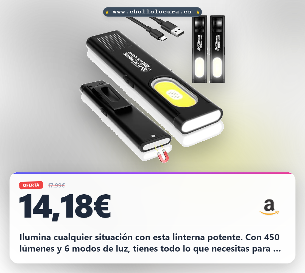 Consigue la linterna Flintronic 2 en 1 recargable COB con base magnética y 450 lúmenes en oferta para taller y camping