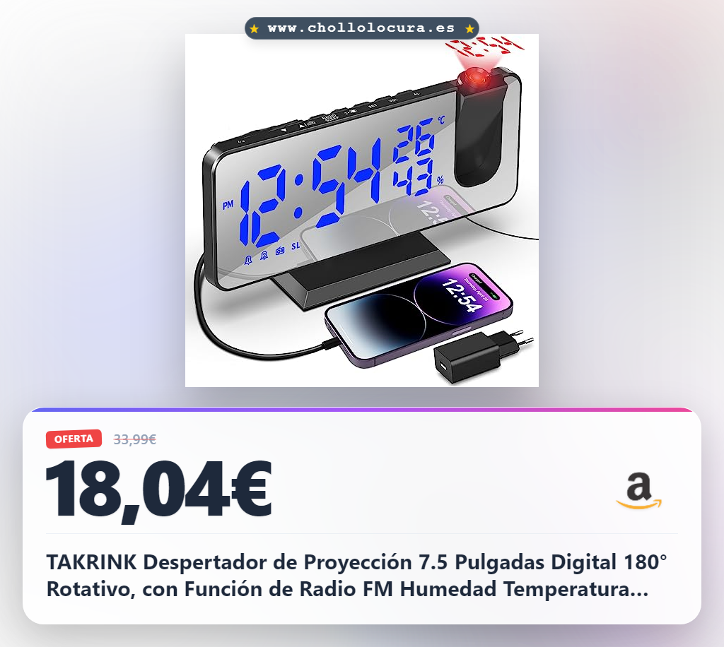 TAKRINK Despertador de Proyección 7.5 Pulgadas Digital 180° Rotativo, con Función de Radio FM Humedad Temperatura Interior con Puerto de Carga USB 2 Relojes Despertadores 4 Niveles de Brillo