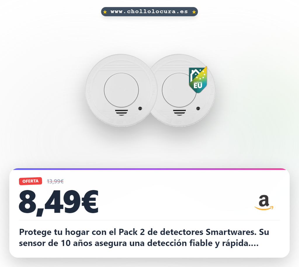 Encuentra el Detector de Humo Smartwares Pack 2 con sensor fotoeléctrico de 10 años y alarma de 85 dB al mejor precio.