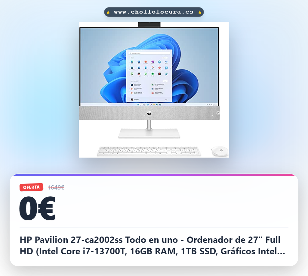 HP Pavilion 27-ca2002ss Todo en uno - Ordenador de 27" Full HD (Intel Core i7-13700T, 16GB RAM, 1TB SSD, Gráficos Intel UHD 77, Windows 11 Home) Plata y Blanco