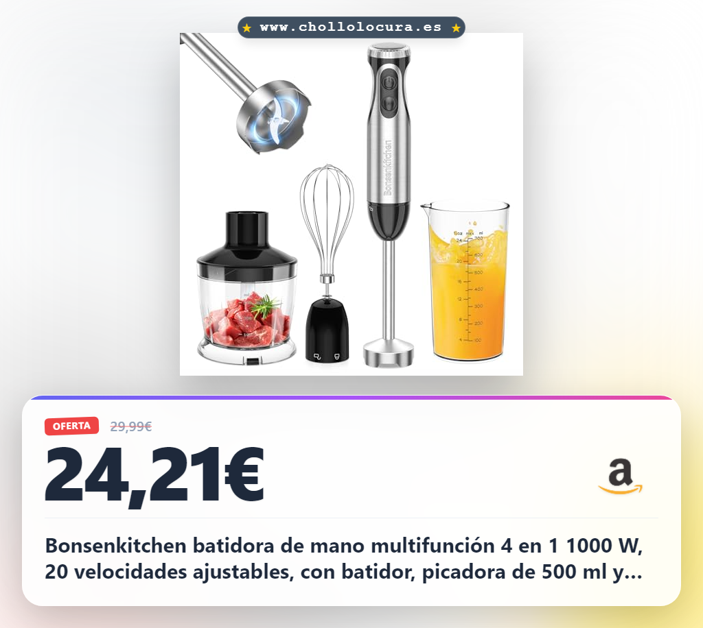 Aprovecha la batidora de mano Bonsenkitchen 4 en 1 con 1000W y 20 velocidades para preparar sopas y salsas al mejor precio