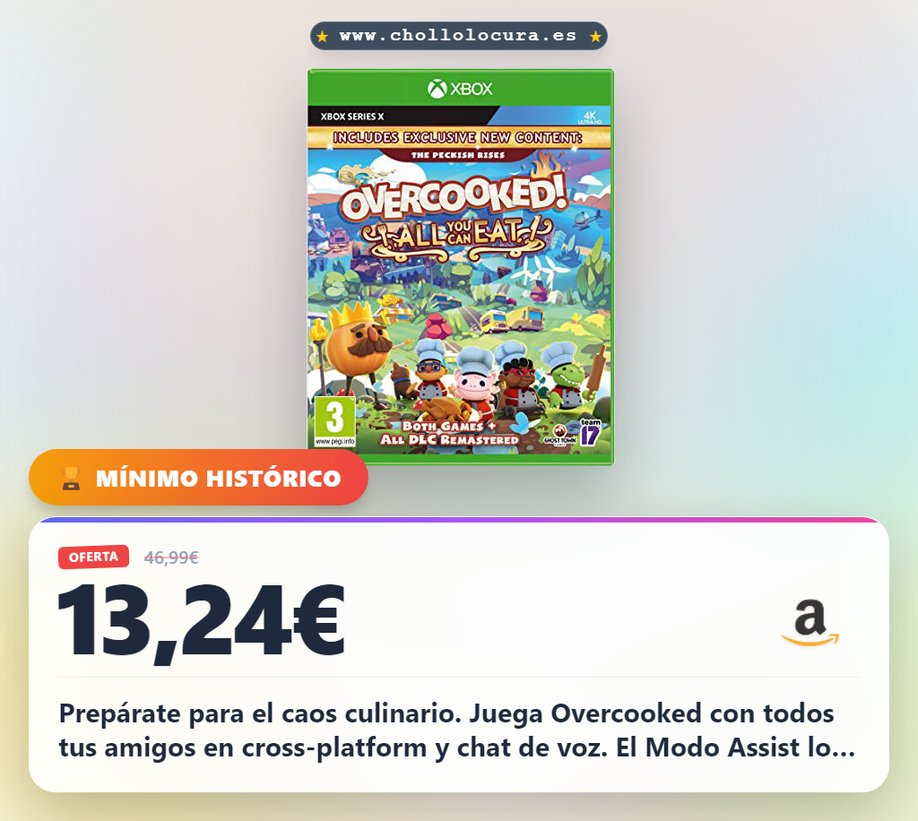Ahorra en Overcooked! All You Can Eat para Xbox Series. Gráficos 4K, multijugador y modo Assist en oferta histórica.