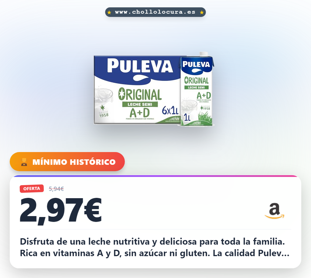 Aprovecha la leche Puleva Original sin azúcar y gluten con vitaminas A y D para el desayuno en oferta