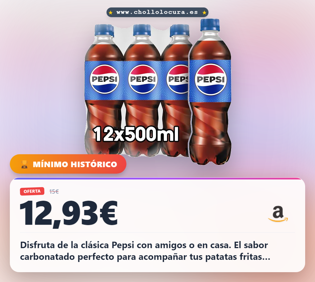 Consigue el pack de 12 botellas de Pepsi regular de 6 litros. Aprovecha este refresco de cola al mejor precio de oferta.