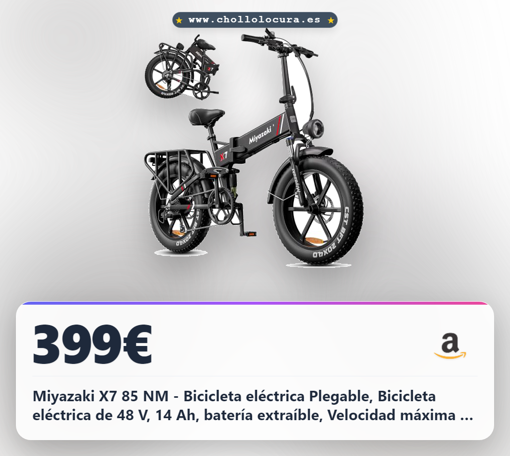 Descubre la bicicleta eléctrica plegable Miyazaki X7 de 25 km/h con 120 km de autonomía al mejor precio para ti.
