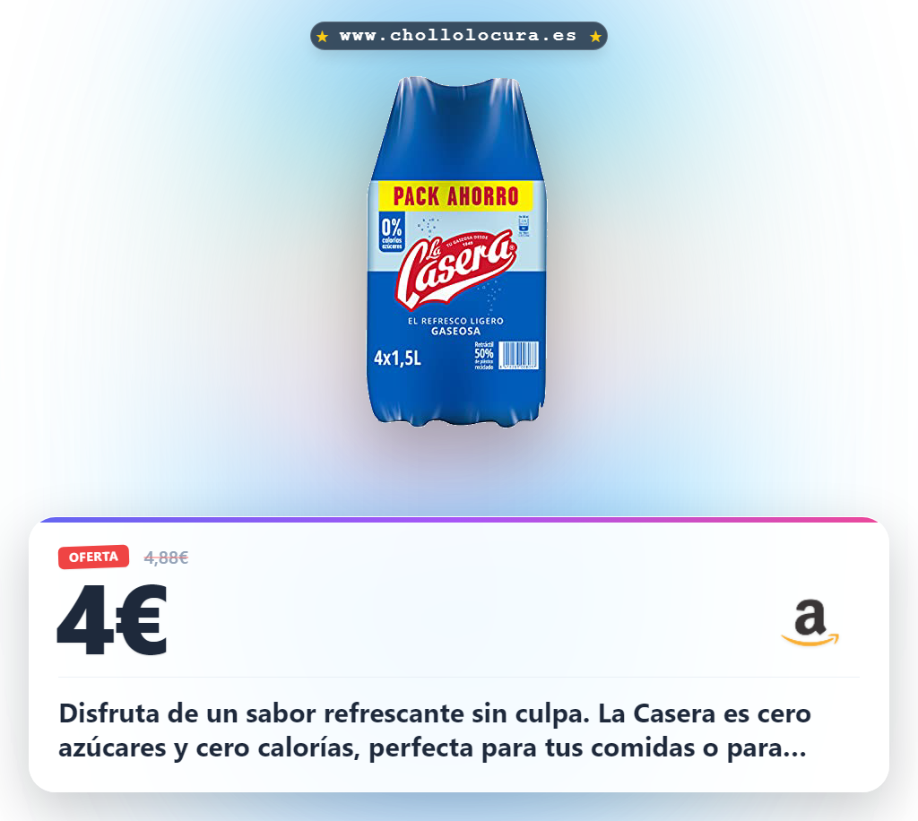 Aprovecha La Casera Gaseosa cero calorías y sin azúcar. Refresco ligero y refrescante al mejor precio.