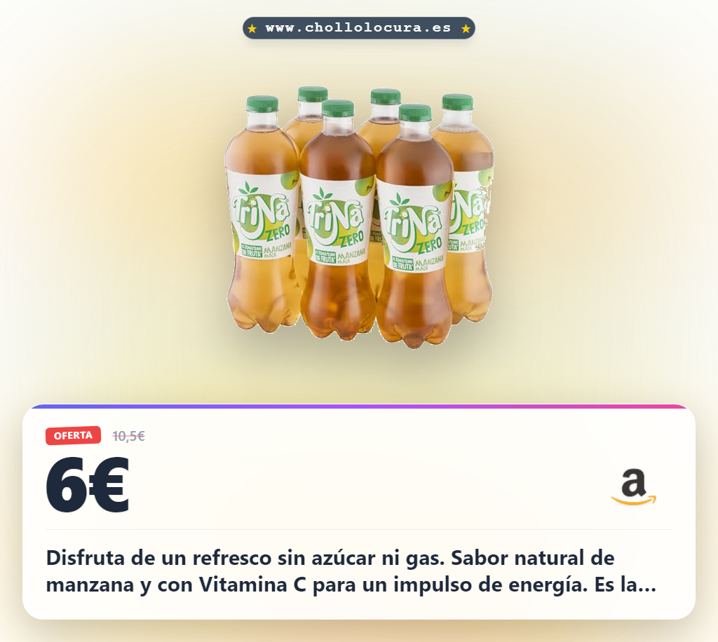 Consigue el refresco Trina Manzana Zero sin azúcares añadidos y sin gas. Pack de 6 litros a precio de chollo.