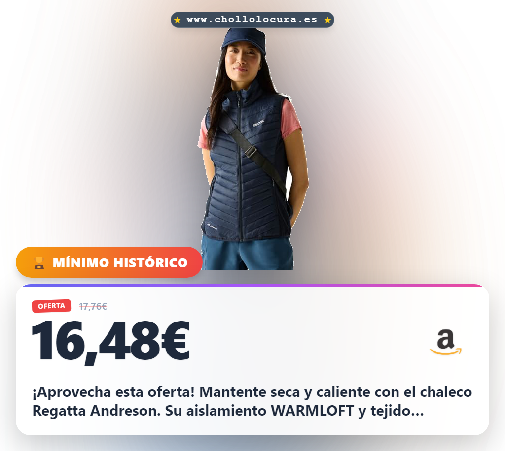 ¡Aprovecha esta oferta! Mantente seca y caliente con el chaleco Regatta Andreson. Su aislamiento WARMLOFT y tejido repelente te dan la libertad que mereces. Consíguelo ahora al mejor precio antes de que se agote.