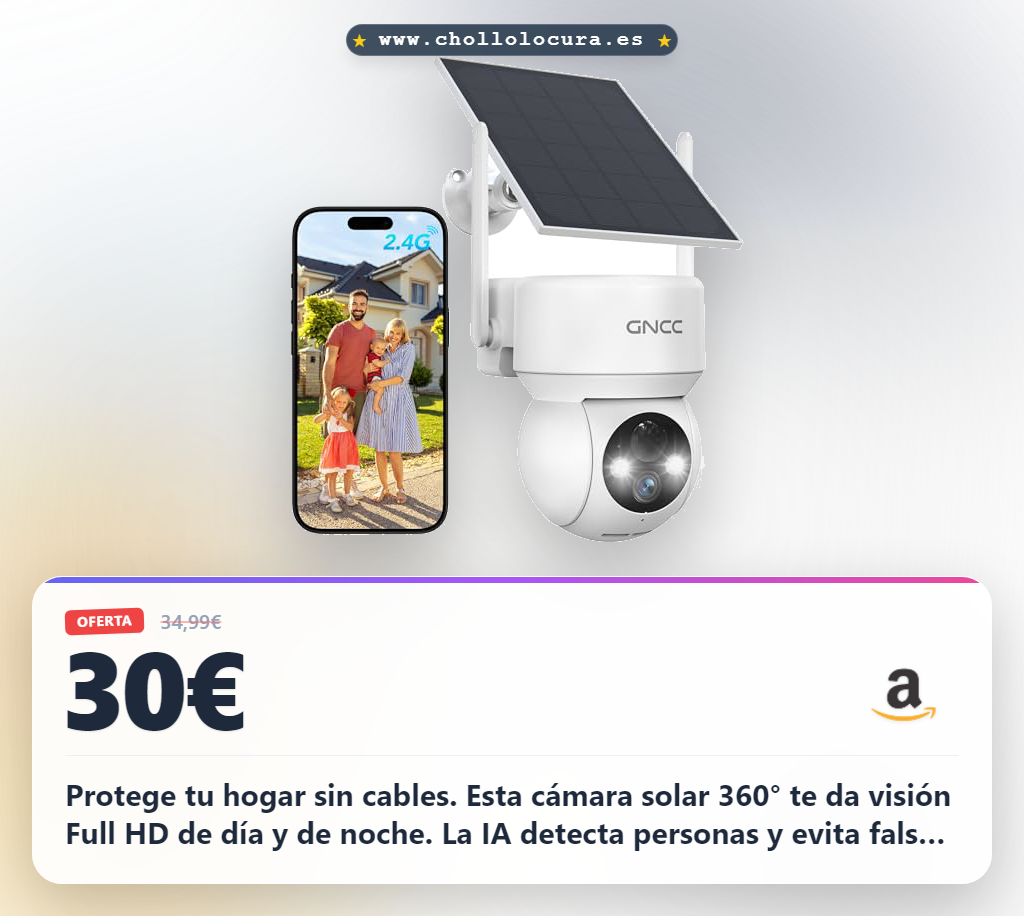 Compra la cámara GNCC 360° WiFi exterior solar con detección humana y alarma triple al mejor precio del año