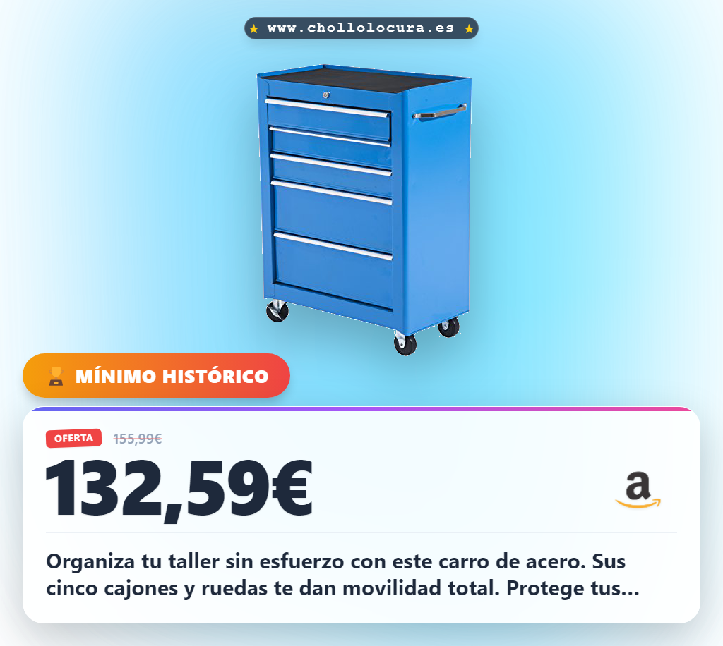 Logra organizar tu taller con este carro de herramientas de acero, 5 cajones y ruedas, ¡a precio de chollo!