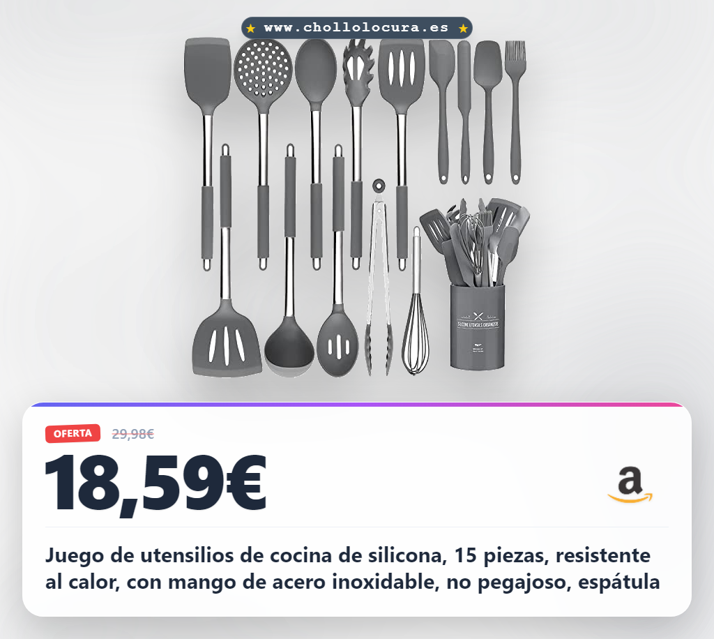 Ahorra en este juego IMPERDIBLE de 15 utensilios de cocina de silicona y acero inoxidable a precio de chollo