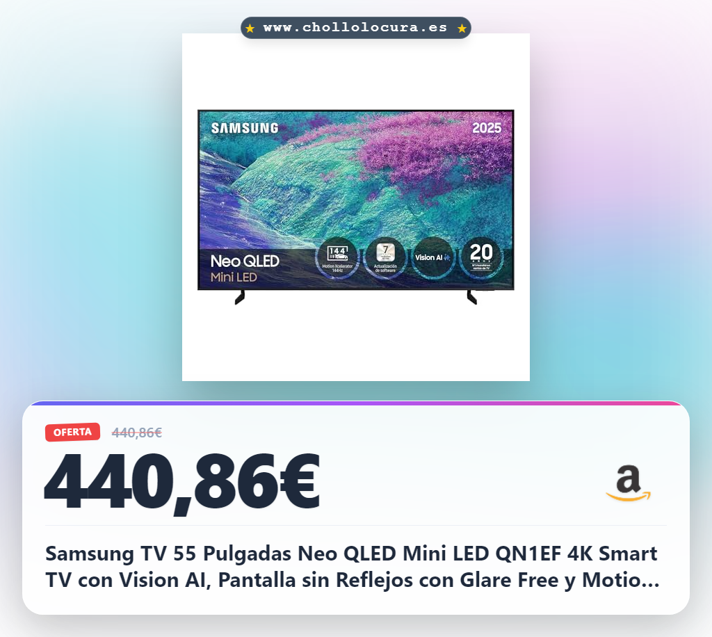 Samsung TV 55 Pulgadas Neo QLED Mini LED QN1EF 4K Smart TV con Vision AI, Pantalla sin Reflejos con Glare Free y Motion Xcelerator 144Hz