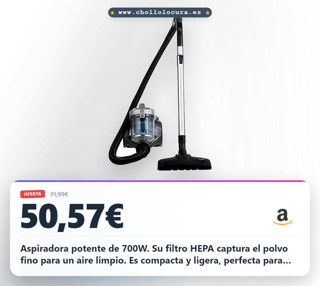Consigue el aspirador cilíndrico potente Amazon Basics de 700W con filtro HEPA para suelos duros y alfombras.