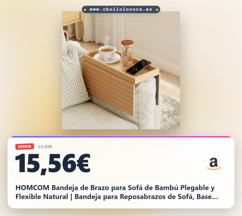 HOMCOM Bandeja de Brazo para Sofá de Bambú Plegable y Flexible Natural | Bandeja para Reposabrazos de Sofá, Base Antideslizante, Mesa Lateral para Aperitivos, Teléfonos, Mandos y Bebidas