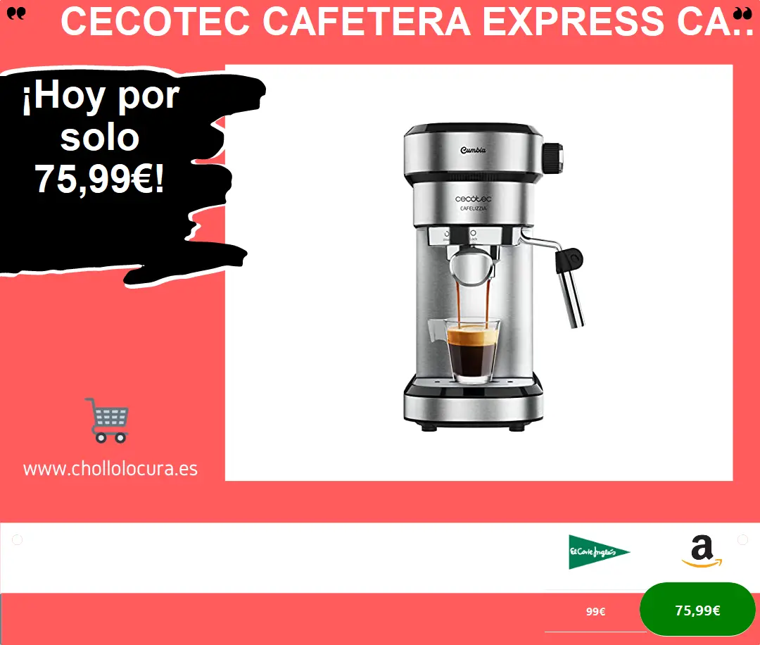 Cecotec Cafetera Express Cafelizzia 790 Steel: 1350 W, 20 Bares, Acero Inoxidable, Cafés y Cappuccinos