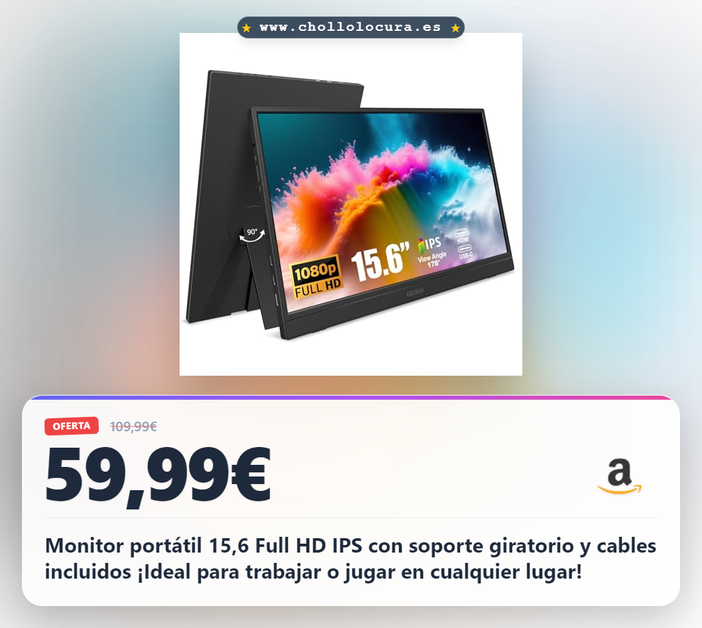 Monitor portátil 15,6 Full HD IPS con soporte giratorio y cables incluidos ¡Ideal para trabajar o jugar en cualquier lugar!