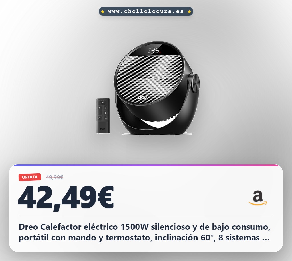 Dreo Calefactor eléctrico 1500W silencioso y de bajo consumo, portátil con mando y termostato, inclinación 60°, 8 sistemas de seguridad, cerámica PTC, temporizador 12h, 3 modos y 3 velocidades