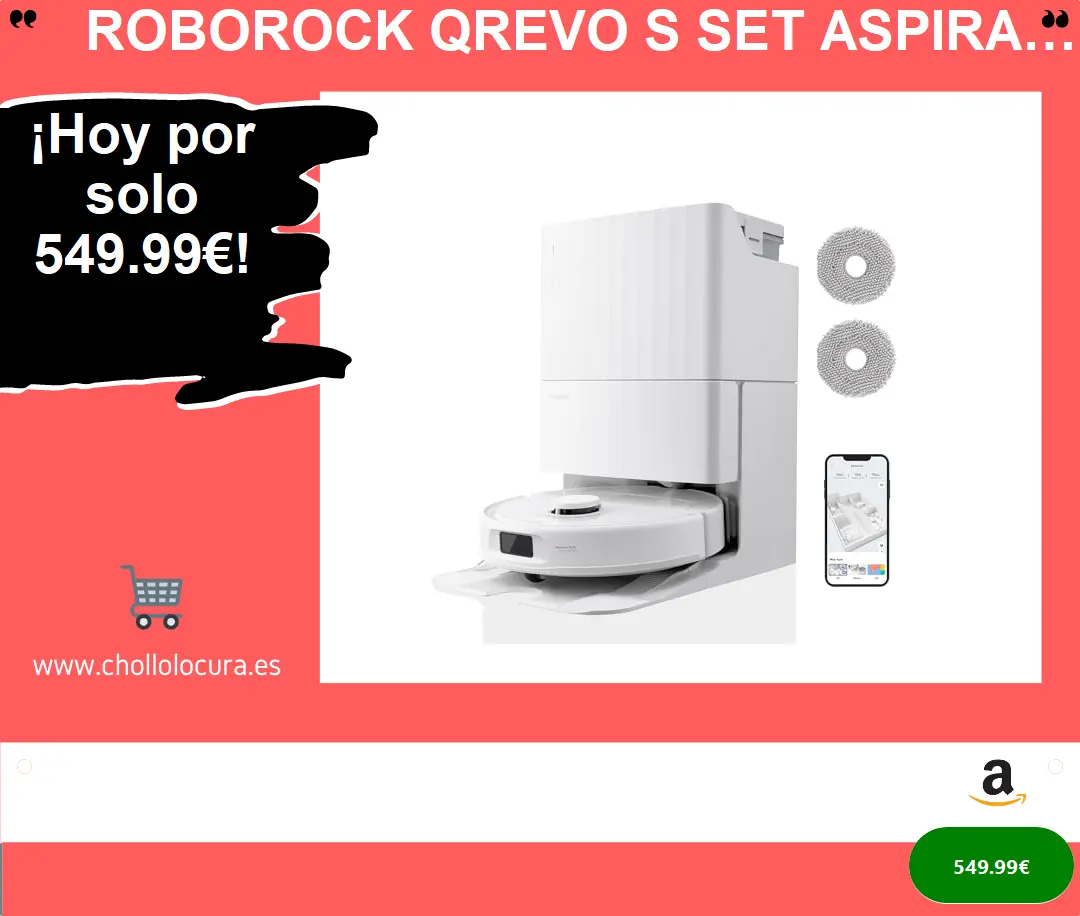 roborock Qrevo S Set Aspiradora Robot, HyperForce® 7000Pa, Autovaciado de Polvo, Base multifunción, Control Inteligente, PreciSense® LiDAR, además 2 Paños de Limpieza, Blanco