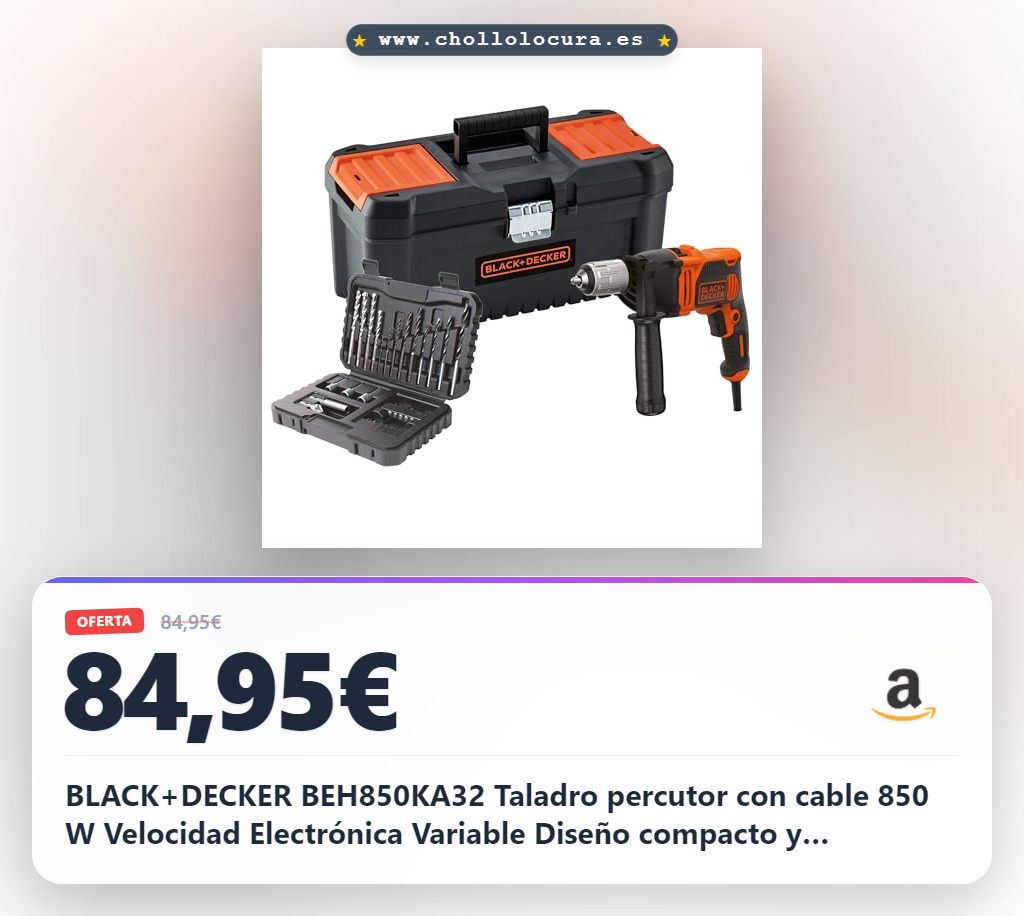 BLACK+DECKER BEH850KA32 Taladro percutor con cable 850 W Velocidad Electrónica Variable Diseño compacto y ergonómico Incluye set de 32 accesorios y caja de herramientas, Multicolor