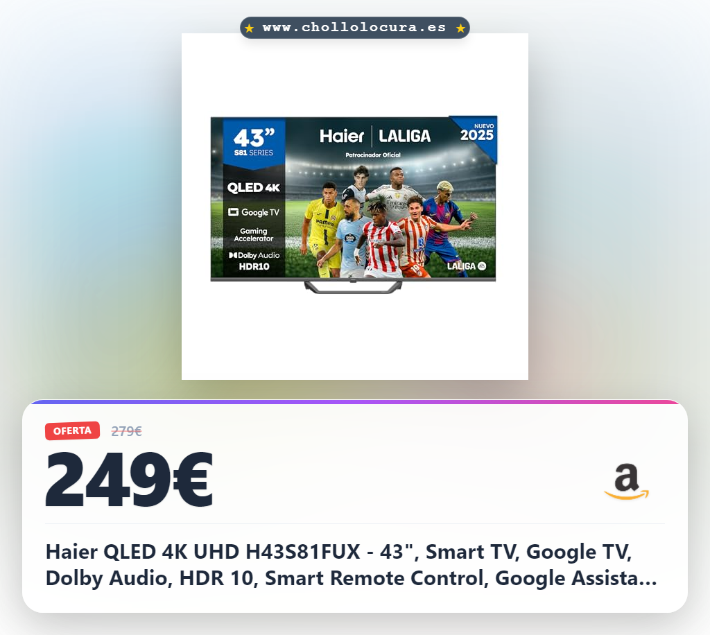 Haier QLED 4K UHD H43S81FUX - 43", Smart TV, Google TV, Dolby Audio, HDR 10, Smart Remote Control, Google Assistant, Bluetooth 5.1, 60Hz, USB 2.0, DBX TV, HDMI 2.1 x 4, Sin Marcos, 2025