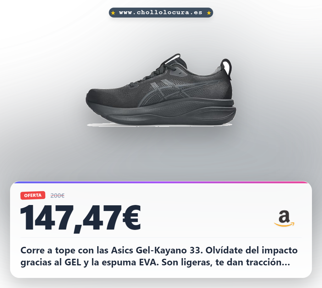 Corre a tope con las Asics Gel-Kayano 33. Olvídate del impacto gracias al GEL y la espuma EVA. Son ligeras, te dan tracción brutal y la ventilación que necesitas. ¡No esperes más, consíguelas!