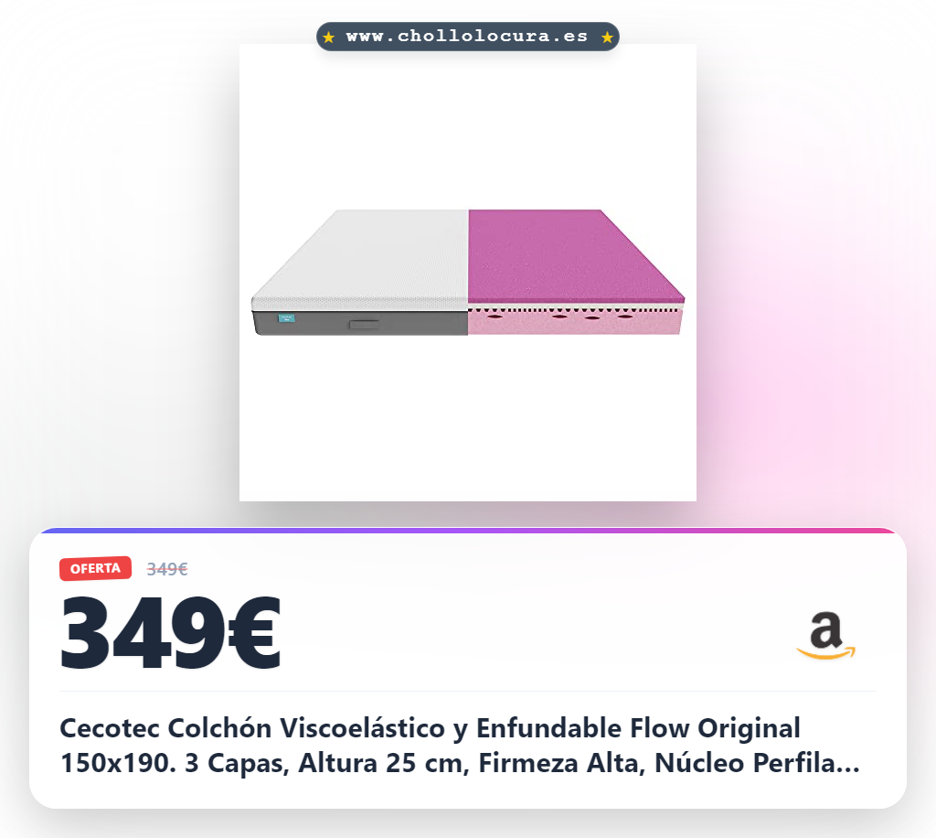 Cecotec Colchón Viscoelástico y Enfundable Flow Original 150x190. 3 Capas, Altura 25 cm, Firmeza Alta, Núcleo Perfilado de Espuma HRC2+, MorphoAdapt+, Fresh & EasyClean