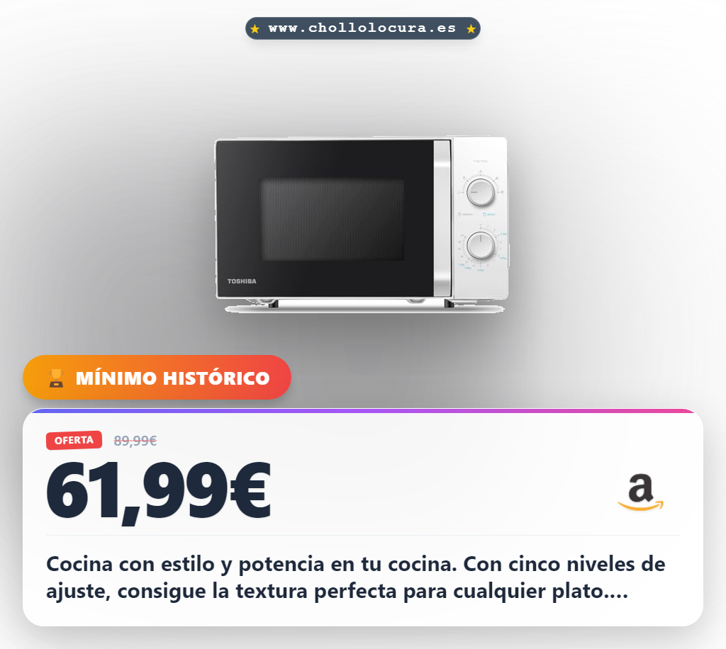 Aprovecha este microondas Toshiba 20L 700W con cinco niveles de potencia y diseño compacto en oferta histórica para tu cocina