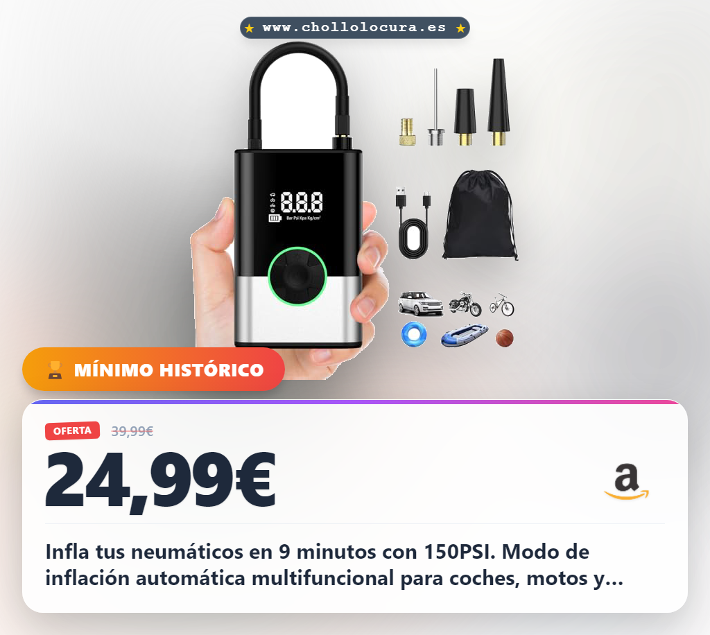 6000Mah Compresor Aire Portatil, 150PSI Inflador Ruedas Coche Mini Bomba de Aire Bicicleta Electrica con Pantalla LCD Digital y Linterna LED，con 4 Boquillas para Coches, Motos