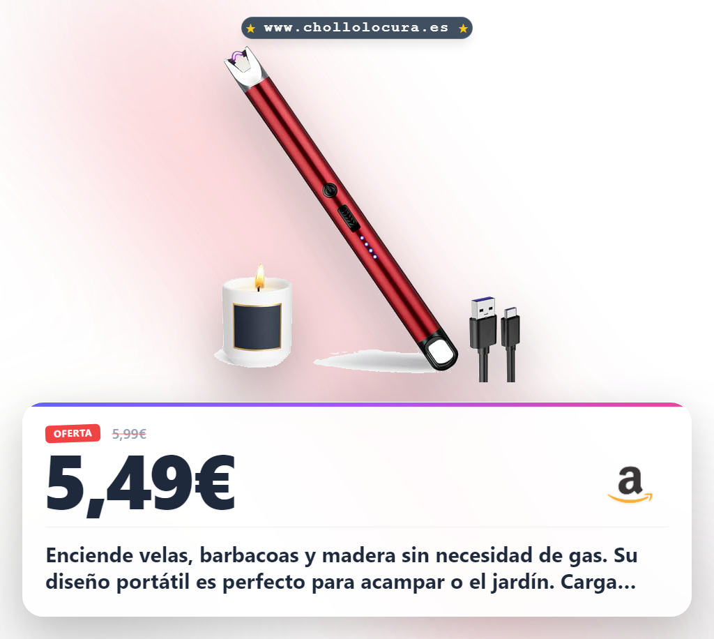 Aprovecha este encendedor eléctrico USB recargable para velas y barbacoa. Consigue un mechero práctico y seguro para camping.