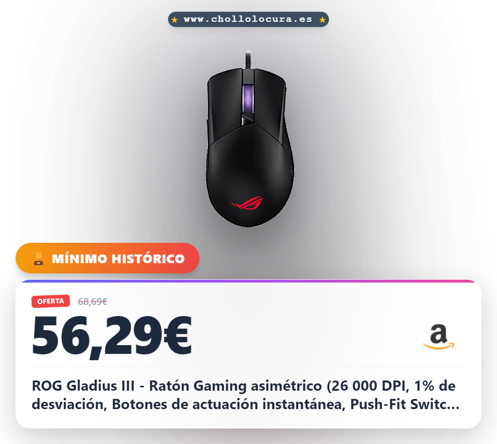 ROG Gladius III - Ratón Gaming asimétrico (26 000 DPI, 1% de desviación, Botones de actuación instantánea, Push-Fit Switch Socket II, estética ROG grabada con láser, ROG Paracord, Aura Sync) - Negro