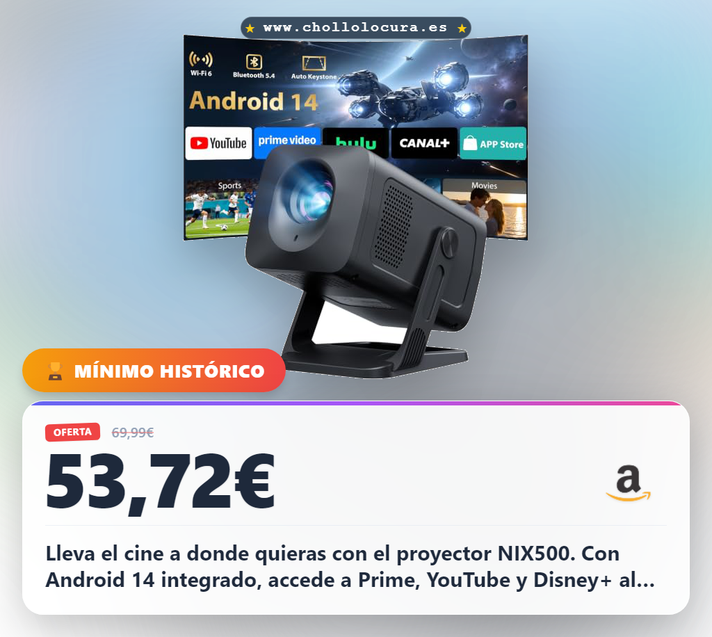 Aprovecha el proyector portátil NIX500 con Android 14 y 4K. Disfruta de auto keystone, zoom óptico y 400 lúmenes ANSI a precio de chollo