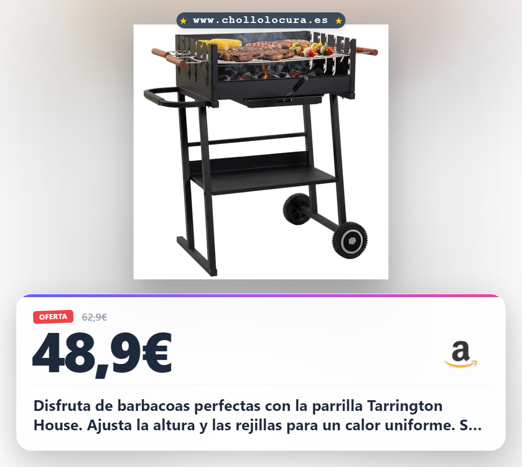 Aprovecha la barbacoa de carbón Tarrington House con rejillas regulables y ruedas al mejor precio