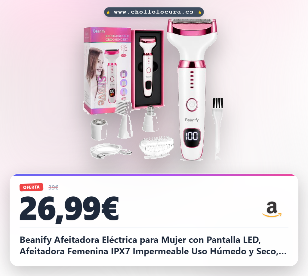 Beanify Afeitadora Eléctrica para Mujer con Pantalla LED, Afeitadora Femenina IPX7 Impermeable Uso Húmedo y Seco, Kit de Cuidado Eléctrico 4 en 1 Inalámbrico para Bikini, Rostro (Rosa)