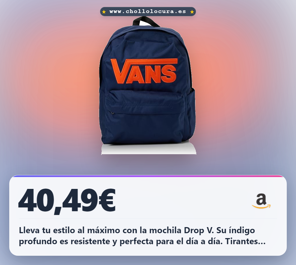 Lleva tu estilo al máximo con la mochila Drop V. Su índigo profundo es resistente y perfecta para el día a día. Tirantes ajustables y detalles Vans que no te querrás perder. ¡Consigue la tuya antes de que se agote!