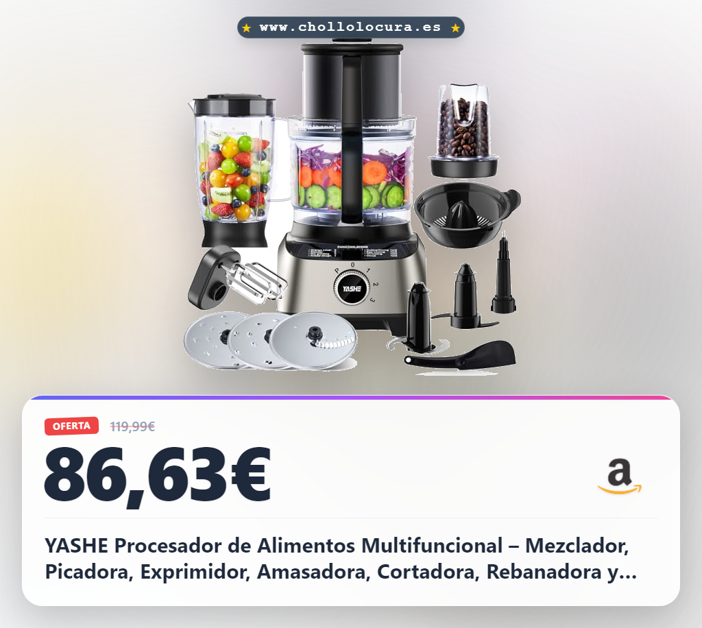 YASHE Procesador de Alimentos Multifuncional – Mezclador, Picadora, Exprimidor, Amasadora, Cortadora, Rebanadora y Ralladora, con Bol de 2,5L y Vaso Batidor de 1,5L, 3 Velocidades con Función Pulse