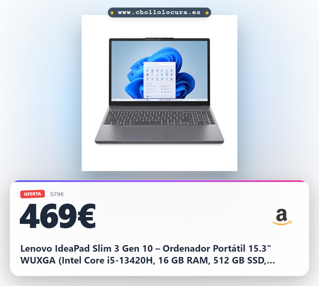 Lenovo IdeaPad Slim 3 Gen 10 – Ordenador Portátil 15.3" WUXGA (Intel Core i5-13420H, 16 GB RAM, 512 GB SSD, Gráficos Intel UHD, Wi-Fi 6, Sin Sistema Operativo) Teclado QWERTY Español - Gris Luna