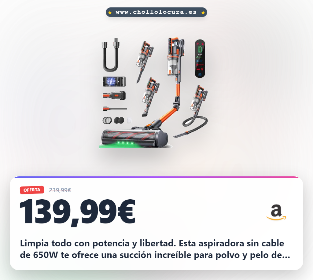 Aprovecha la aspiradora sin cable Fieety V9 650W potente con 70 min de autonomía y cepillo anti-enredo a precio de chollo